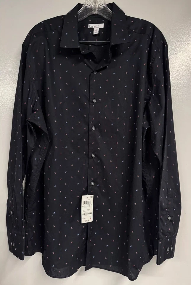 Camisa de Vestir Negra BAR III Ajuste Ajustado Rendimiento Elastizada Estampado Rosa Brote XL 17 1/2 Foto 1 de 4
