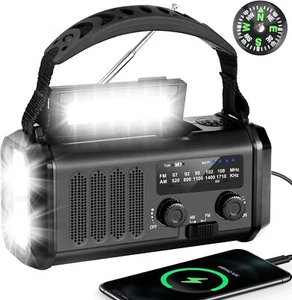 Kurbelradio 10000mAh Solar Radio Power Bank Camping Lampe Kompass Licht SOS F179 - Bild 1 von 8