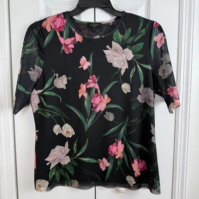 Ted Baker London Black Pink Green Floral Mesh Short Sleeve Top Women's Size L - Image 1 of 4