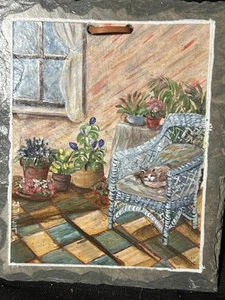 Vintage Original Art Oil Painting Wicker Chair Still Life Flowers Plants in Pots - Picture 1 of 17