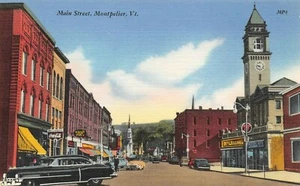 Main St. Kelly Neumáticos, Billar, Street Scene Montpelier, De colección Tarjeta Postal Años 40 - Imagen 1 de 2
