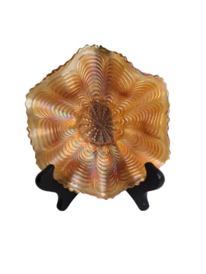 Fenton Carnival Glass Peacock Tail Feathers Ruffled Edge Bowl Marigold 6" X 2" - Image 1 of 4