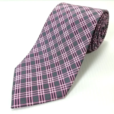 Gravata Geoffrey Beene luxo rosa roxo cinza tartan xadrez tecido mistura de seda - Imagem 1 de 4