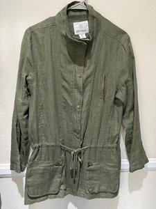 Artisan NY Women's Sz L Olive Military Green Linen Zip up Snap Front Jacket - Picture 1 of 11