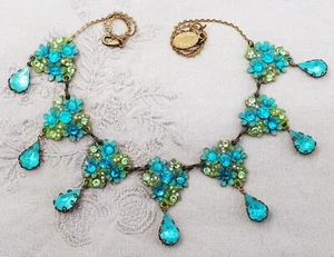 Michal Negrin Necklace Turquoise Crystals Pearl Flowers Victorian Floral Bib Y2K - Picture 1 of 2