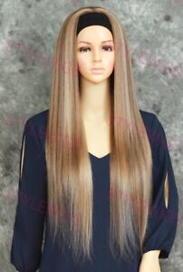 Light Brown/Blonde Long Straight Headband Heat Safe Human Hair Blend Wig EVHB
