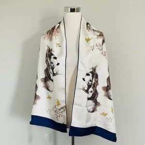 Designer Signed Pandas&Birds 100% First Grade Silk Long SCARF 18”x63”NEW WTH TAG - Picture 1 of 14