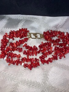 Kenneth Lane 4 hebras coral rojo y perlas reales 16,5” pieza elegante de alta costura - Imagen 1 de 6