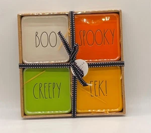 RAE DUNN Halloween Set of 4 Ceramic Coasters BOO SPOOKY CREEPY EEK - Picture 1 of 1