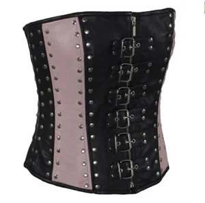 Corsé de cuero negro y rosa tachonado para mujer con cremallera frontal con cordones espalda forrado de textil - Imagen 1 de 1