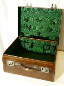 Antique Leather Travel Vanity Case Green Interior Suitcase 16.5 x 14 x 7.5 Inch
