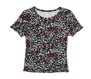Wonder Nation Girls Short Sleeve Waffle Top Sz L 10-12 Plus, Black Soot Floral - Picture 1 of 5