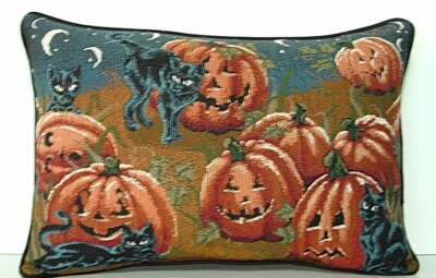 Halloween -Remendo de abóbora com gatos pretos, lanternas Jack O', travesseiro de tapeçaria novo - Imagem 1 de 4
