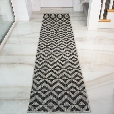 SHAGGY RUGS Long Hall Runner Charcoal Grey Geometric Flatweave Indoor Large Living Room Rug