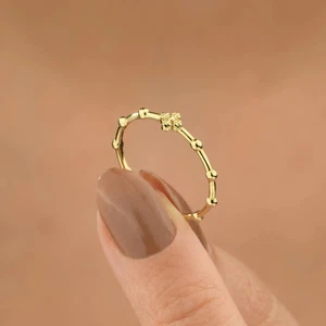 Tiny Cross Ring, Minimalist Beaded Band Ring Yellow Gold Plated 925 Silver Ring - Picture 1 of 5