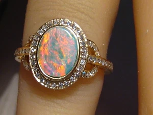 Australian Gem Opal & Diamond Ring , Solid 14k Yellow Gold - Picture 1 of 12