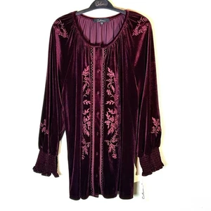 Calessa Damen 3X Tunika Top Knopf Bluse bestickt Samt burgund geblümt NEU - Bild 1 von 14