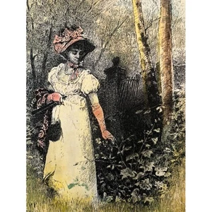 Tile Art etched Painted Victorian woman in the forest - Vintage - Picture 1 of 6