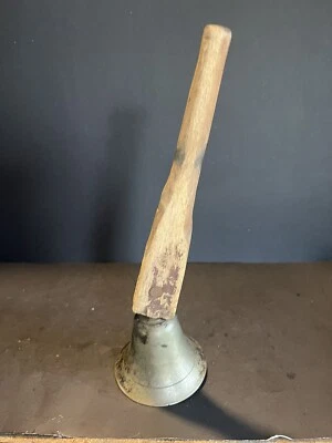 Antique Brass School Bell Hand Wrought Clapper, Hand Carved Handle. 12.5” Tall - Image 1 of 4