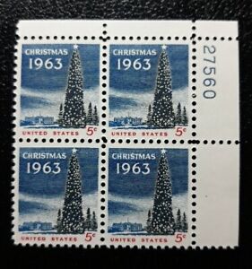 US Scott #1240, 1963 5c, NATIONAL CHRISTMAS TREE & WHITE HOUSE Plate Block of 4