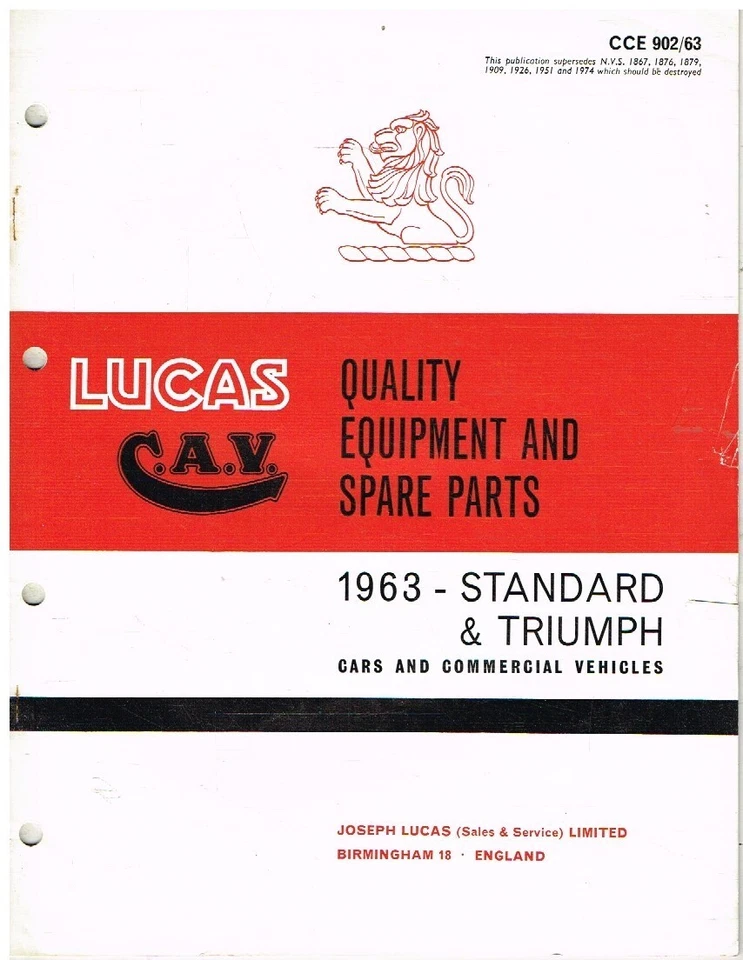 TRIUMPH HERALD 948 1200 12/50 VITESSE 6 TR4 SPITFIRE 1963 CATÁLOGO DE PIEZAS LUCAS Foto 1 de 1