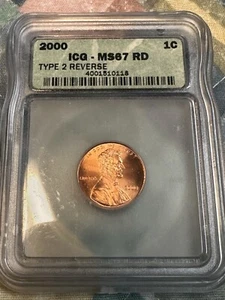 2000 Lincoln Cent Wide 'AM' Type 2 Reverse ICG MS67RD WoW! Old Holder #0118 - Picture 1 of 3