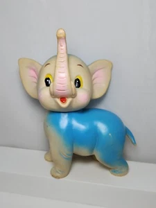 Vtg Japan ELEPHANT Rubber Squeaker Toy Trunk Up Blue and Pink Works Great 8" H - Picture 1 of 13