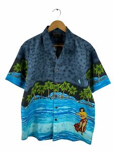 Lowes Button Up Hawaiian Shirt Mens Size M Blue Short Sleeve Floral Hula Girl