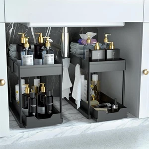 Organizer Sotto Lavello Confezione da 2, Organizzatore Armadio Bagno, Armadio Scorrevole a 2 Livelli - Foto 1 di 12