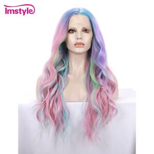 24inch Rainbow Colorful Synthetic Lace Front Wig Cosplay Party Heat Resistant