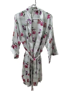 Kathryn Satin Kimono Morgenmantel grün kariert lila rosa Blumen Damen Large - Bild 1 von 9