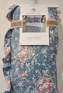 Shabby Chic Reversible Blue Roses Floral QUEEN Quilt Set 3pc - Picture 1 of 8