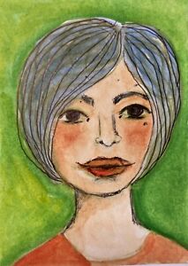 ACEO mini painting watercolor ink artist Maria Sanchez Portrait woman fairy wish