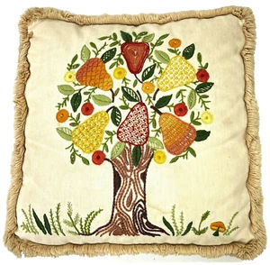 Vintage Needlepoint Throw Pillow 14 X 14 Fringed Floral Fruit Tree Multicolor - Picture 1 of 8