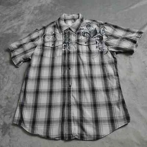 Machine Western Shirt Men's Large Black Gray Plaid Pearl Snap Short Sleeve - Picture 1 of 7