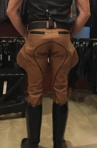 Men's Real Leather Breeches / Jodhpurs Tan Leather Breeches With Black Piping - Picture 1 of 3