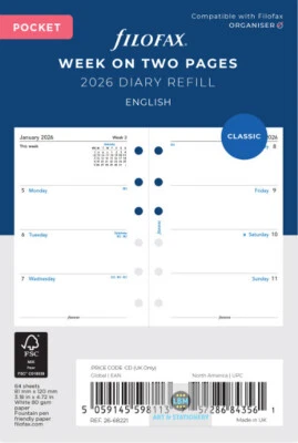 Filofax 2026 Pocket Diary - Week On Two Pages - Classic Refill - 68221