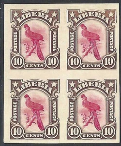 Liberia # 104 MINT Block of Four BROWN & RED Color Trial PROOF on Card Bird - Picture 1 of 1