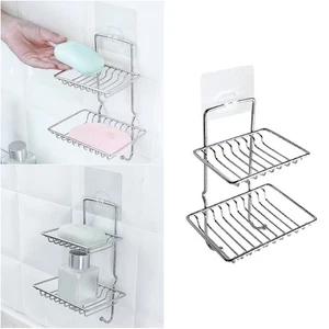  Stainless Steel Double-deck Soap Dish Holder No Drilling Shower Soap Sponge - Picture 1 of 11