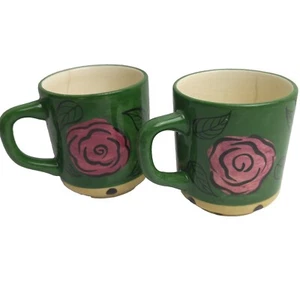 Stoneware Coffee Mug Handpainted 2 Flower Cups Green Yellow Pink - Picture 1 of 9