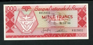 RWANDA  1000  FRANCS 1969  PICK # 10a  VF-XF. - Picture 1 of 2