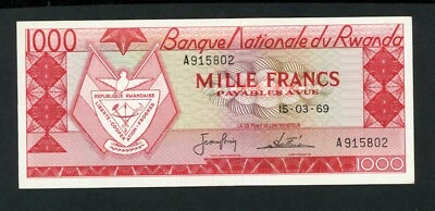 RWANDA  1000  FRANCS 1969  PICK # 10a  VF-XF. - Image 1 of 2