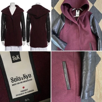 Abrigo para mujer Soia & Kyo $499 Merlot de lana y cuero negro con capucha talla LG NUEVO SIN ETIQUETAS Foto 1 de 4