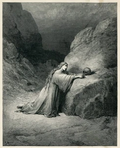 Gustave Dore bible art MARY MAGDALENE with human skull 1890 antique print - Picture 1 of 3
