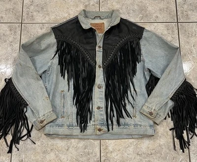 复古男式大号李维斯牛仔FRINGE皮革卡车司机夹克定制?? 罕见 — 第 1/4 张图片