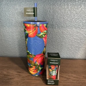 Starbucks + Farm Rio 24oz Tumbler Radiant Blue Floral Banana 2025 NWT & Keychain - Picture 1 of 4