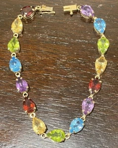 10K Yellow Gold Pear Shape Peridot Citrine Amethyst Topaz Garnet Tennis Bracelet - Picture 1 of 9