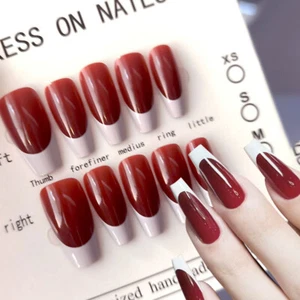 10 piezas puntas de uñas de cubierta completa uñas postizas simples rojo vino con pegamento longitud media almendra - Imagen 1 de 15