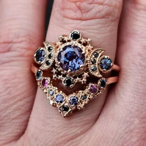 3Ct Round Lab Created Alexandrite Diamond Bridal Set Ring 14K Yellow Gold Plated - Picture 1 of 7