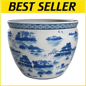 Vintage-Inspired 16" Handmade Porcelain Fishbowl Cachepot with Oriental Design - Picture 1 of 8